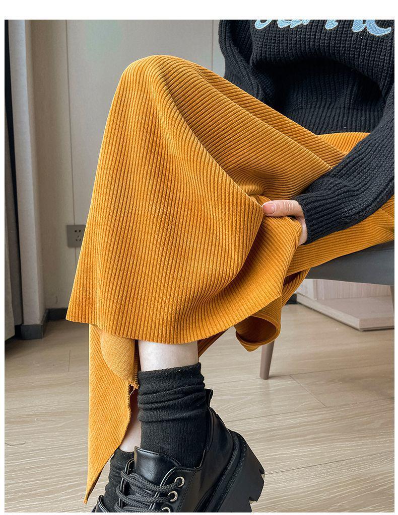Kaffee-Cordripp-Midi-Rock mit Schlitz - High-Waist Schlankmacher (Koreanischer Stil, Herbst/Winter)