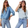 Simple Versatile White Denim Long Sleeve Casual Shirt for Women