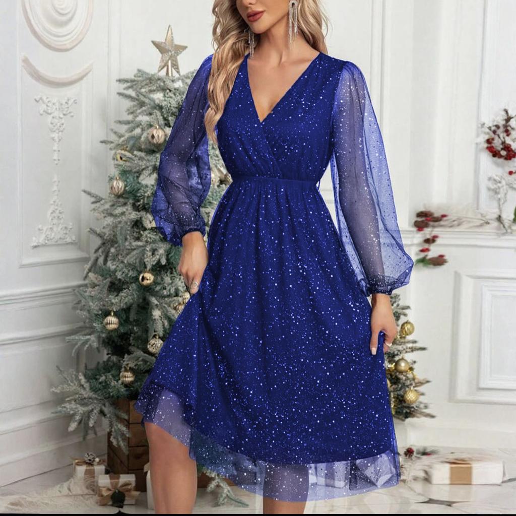 Women's V,Neck Mesh Long Sleeve Stylish Sexy Dress