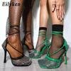Fashion Eilyken Yellow Green Fashion Women High Heel Crystal Fishnet Pumps Square Toe Ankle Cross Tied Rhinestone Sandals  Shoes