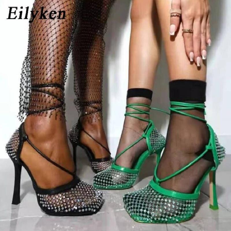 Fashion Eilyken Yellow Green Fashion Women High Heel Crystal Fishnet Pumps Square Toe Ankle Cross Tied Rhinestone Sandals  Shoes