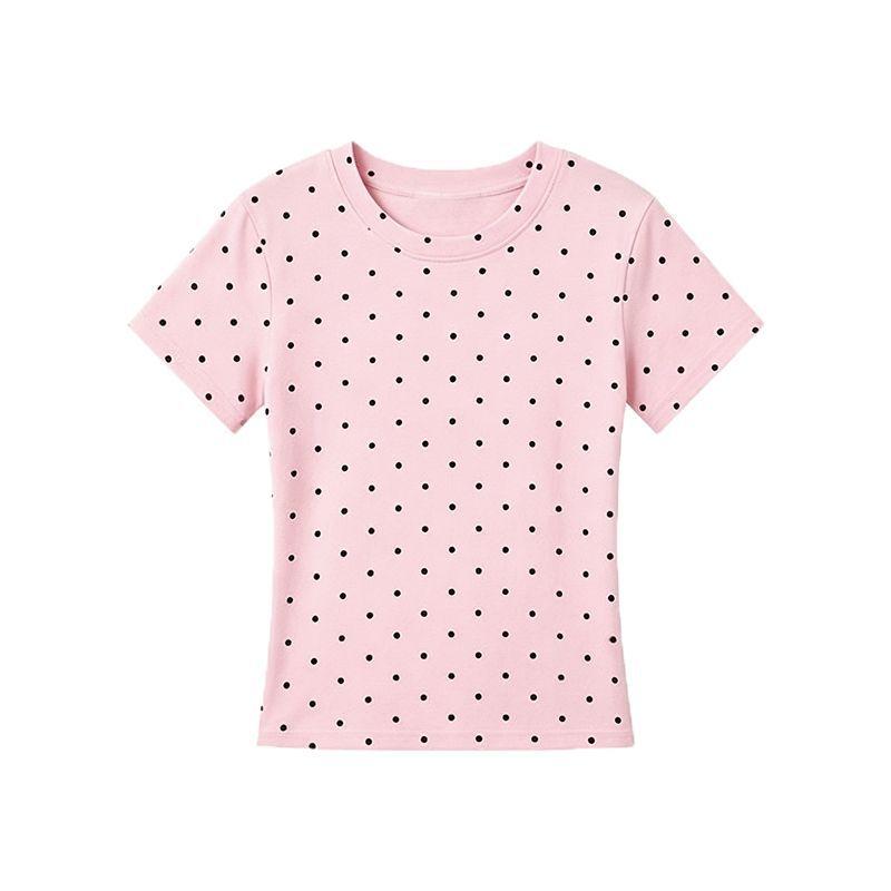 Women Polka Dot Short Sleeve T-Shirt 2026 Summer New Korean Style Crew Neck Slim Fitted Casual Short Top Tees
