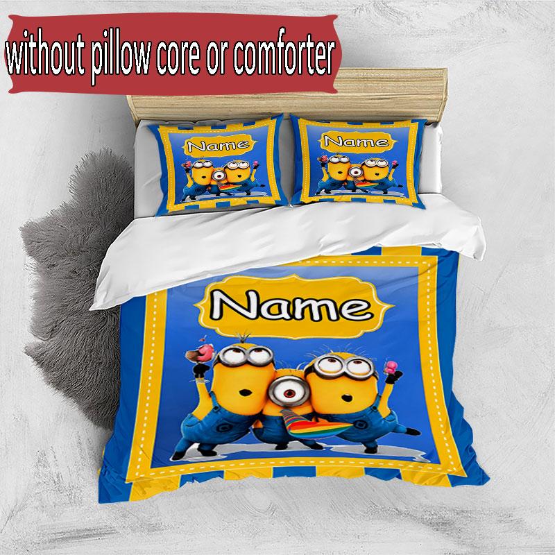 3pcs Duvet Cover Set (1*Duvet Cover + 2*Pillowcase, Without Core), Custom Name Minions Pattern Bedding Set, Home Bedroom Decor Gift