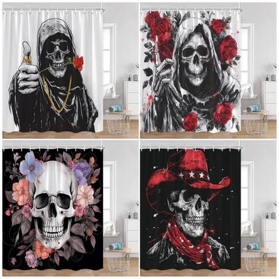 Floral Skull Shower Curtain Red Rose Flowers Skeleton Horror Halloween Bath Curtains Polyester Home Bathroom Decor with Hooks