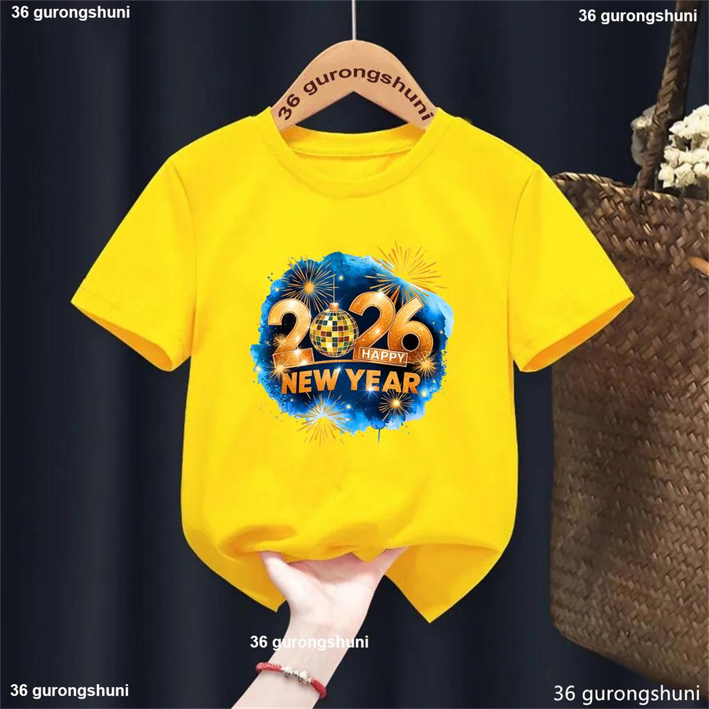 Happy New Year! Sparkling Gold 2026 Printed T-shirt Fashion Girls/Boys New Year Winter Holiday T-shirt Kids New Year Gift Tops