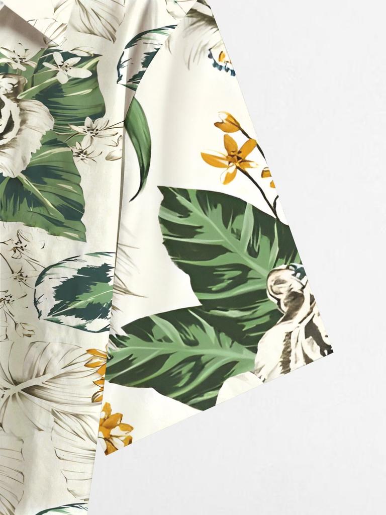 Men's White Tiger Tropical Floral Print Short Sleeve Shirt Casual Hawaiian Button Down Shirts For Men Beach Vacation Wear