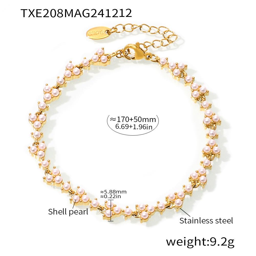 Qiong Yao Stainless Steel Pearl Bead Necklace & Bracelet Set with PVD Plated Gold - Heavy Workmanship Textured Design