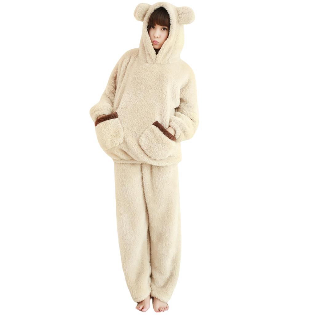 Fluffy Loungewear with Brushed Plus Sizes Loose Perfect for Fall and Winter [7-livehouse] Women's Pajamas, Set, Hooded, Ears, Thick, Fleece, Warm,