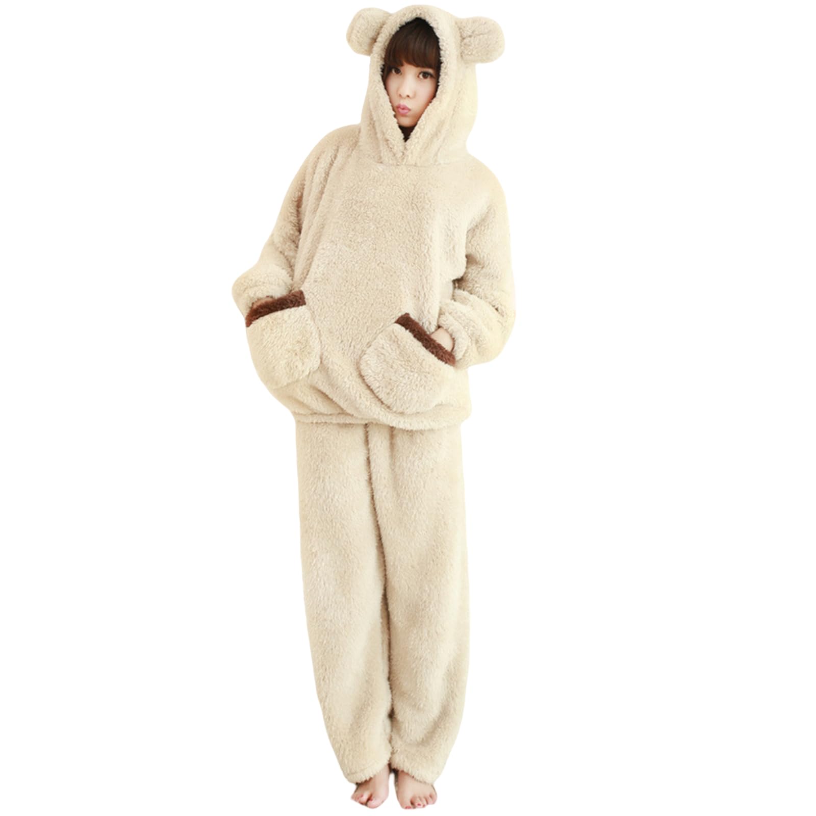 

Пушистая домашняя одежда с начесом больших размеров, свободная, идеально подходит для осени и зимы [7-livehouse] Женская пижама, Комплект, С капюшоном, С ушками, Толстая, Флисовая, Теплая, бежевый