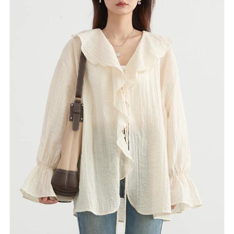 Frühlingsrüschen Schlagärmel Schnürung Vintage Lässige Hemden für Damen Mode Elegant V-Ausschnitt Lockere Blusen Damen Oberteile Slim Fit Einfarbiges Damenhemd 25999