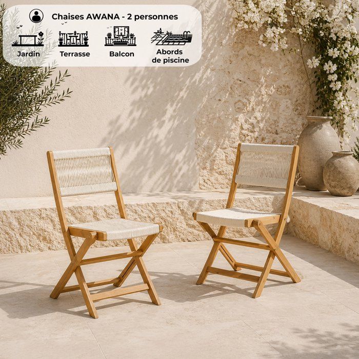 Lot de 2 chaises de jardin pliantes - AWANA - Bois d'acacia FSC - Cordage tressé - 52 x 48 x 85 cm