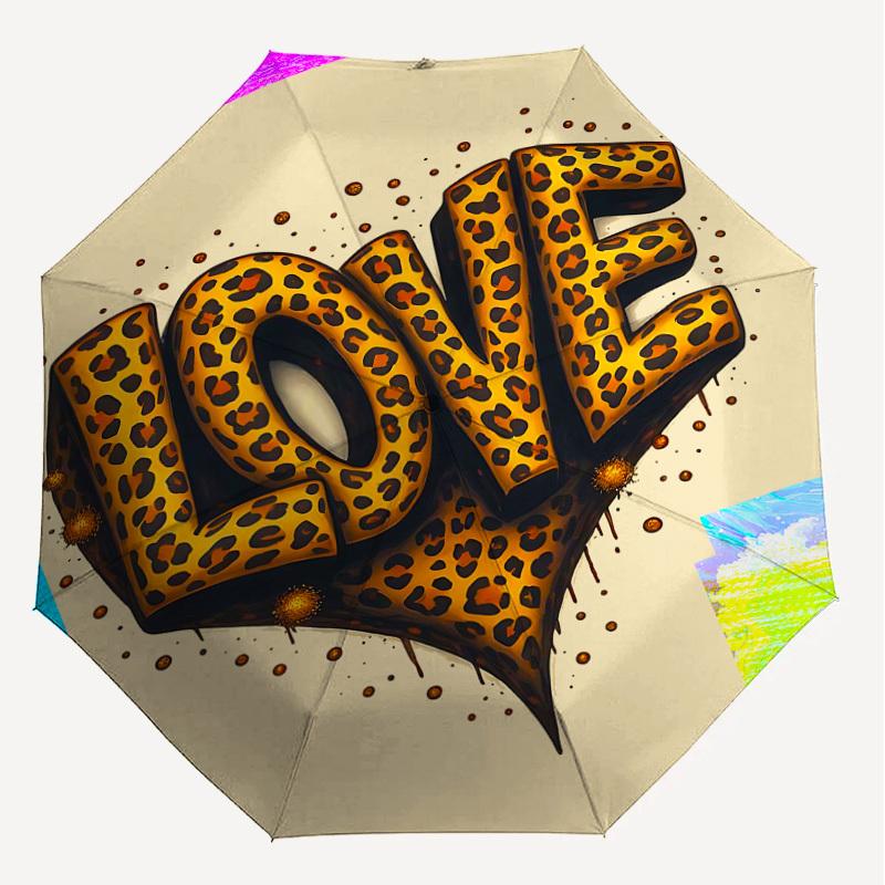 1pc love leopard print Automatic Open/Close Umbrella Compact Folding Umbrella with 8-Rib Shaft for Women/Men, Elegant Birthday1183S