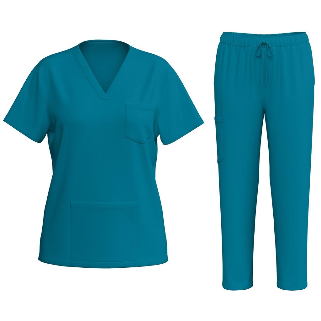 Women's Uniforms Quick Dry Fabrics V-Neck With Pockets Short Sleeves Long Pants Solid Color Workwear Suit