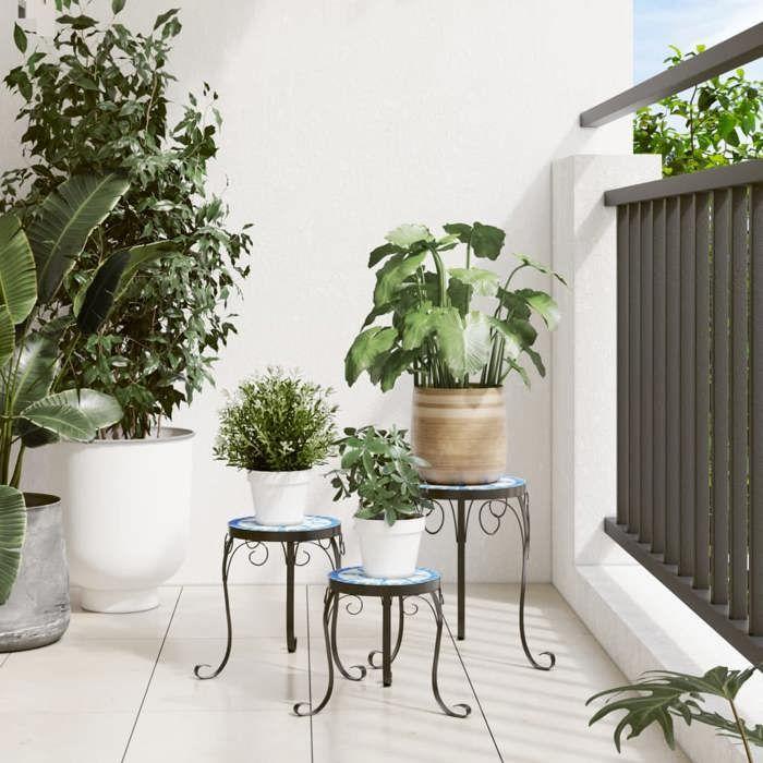 VidaXL Supports pour plantes 3 pcs bleu et blanc céramique, table de plantes, support de plante d'extérieur, table d’appoint 4003394