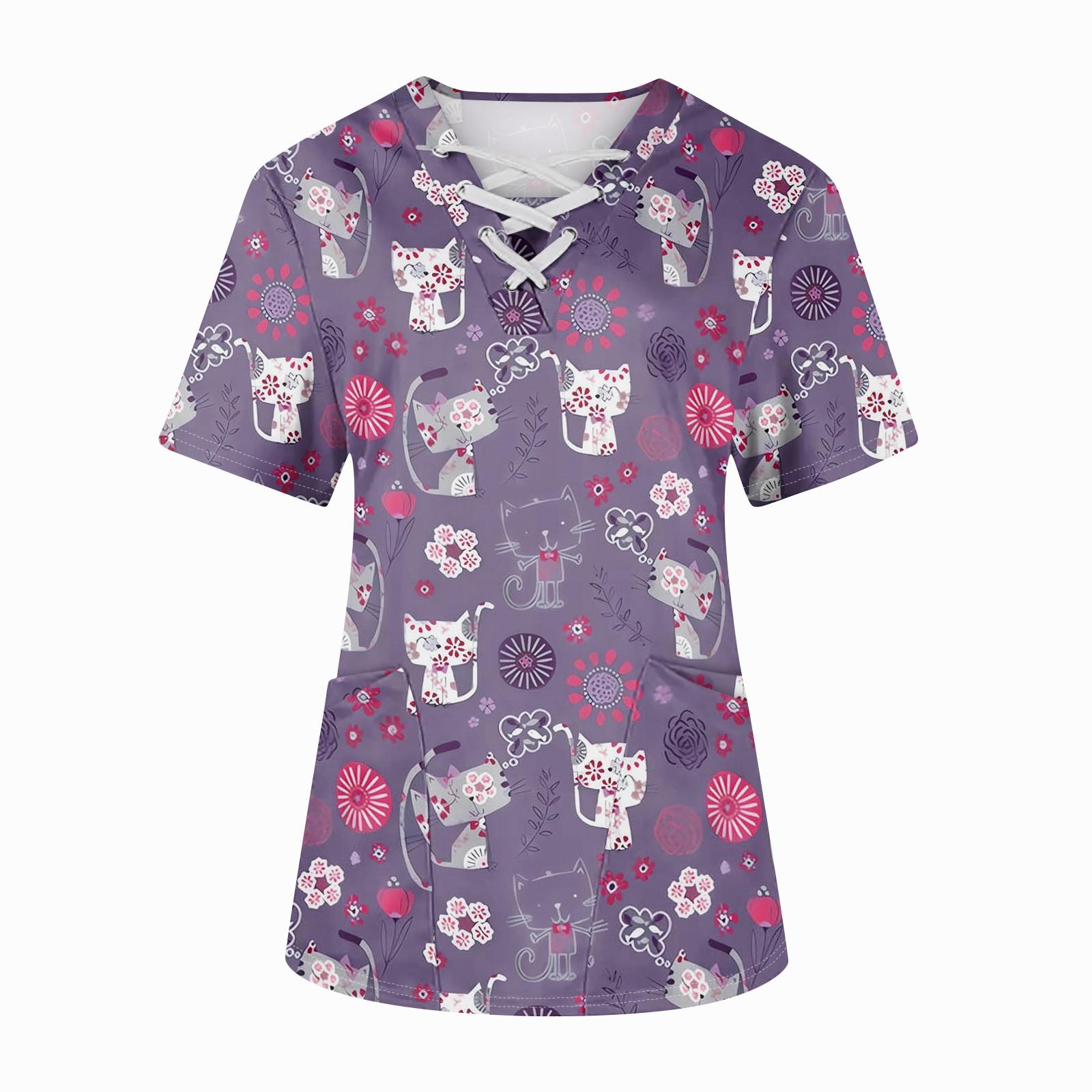 

Плюс размерСкраб с принтом Рабочая форма Топы для женщин Крест V-образным вырезом Хэллоуин Принт с короткими рукавами Забавные футболки Спецодежда Футболка с карманами XXL фиолетовый