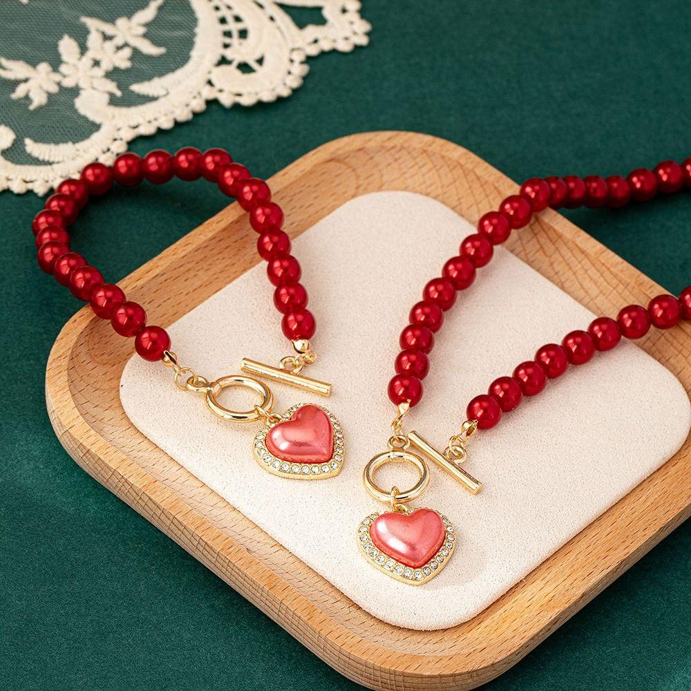 Beaded Heart Pendant Jewelry Set Crystal Pearl Necklace Set Necklace Bracelet Set  Wedding Party
