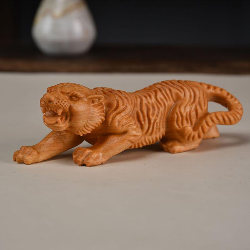Wood Carving Tiger Baby Sculptures and Figurines Chinese Characteristic  Home Room Office Table Decoration and Accessories