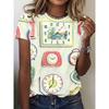 Retro klokprint rond hals T-shirt, lente en zomer casual topjes met korte mouwen, dameskleding