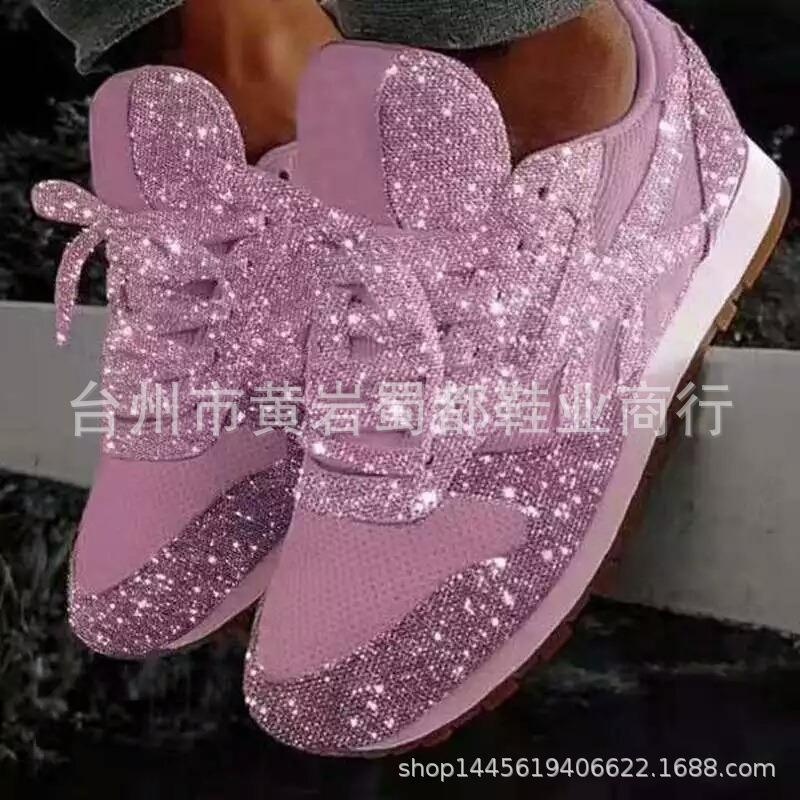 Autumn new large-size mesh breathable women's shoes hot-selling lace-up sports and leisure shoes sequined running shoes