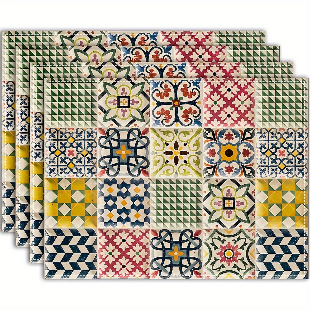 Elegant Chinoiserie Placemats 4Pcs Set Vibrant Blue & Green Floral Design Rectangular Table Mats for Dining & Home Decor