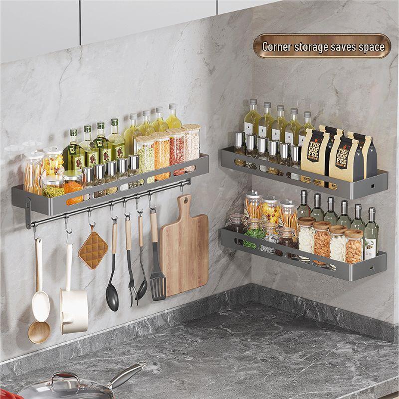 Charlotte Gunmetal Grey Wall-Mounted Kitchen Storage Rack with Seasoning Jar Organizer, Punch-Free