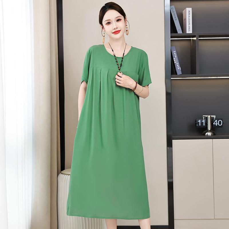 2 Neues hochwertiges florales Baumwoll-Seiden-Kleid für Damen-Sommer-Temperament, Bauchbedeckung für Mütter, große Größe künstliche Baumwolle langer Rock