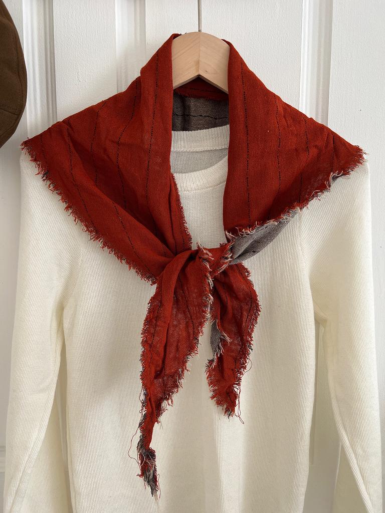 Johnature Vintage Raw Edge Striped Triangle Scarf Women Fall Winter Fashion Warm Two-tone Neck Guard Decoration Head Scarf