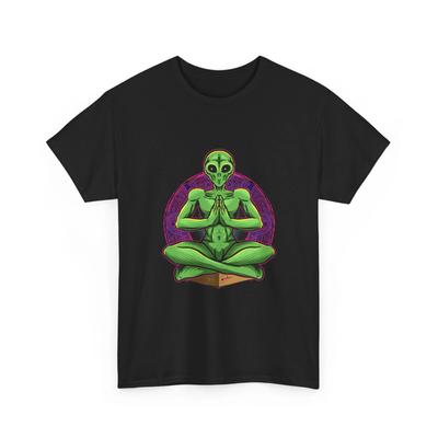 Meditating Alien Tee | Cosmic Yoga, Green Extraterrestrial Graphic, Cool Shirt