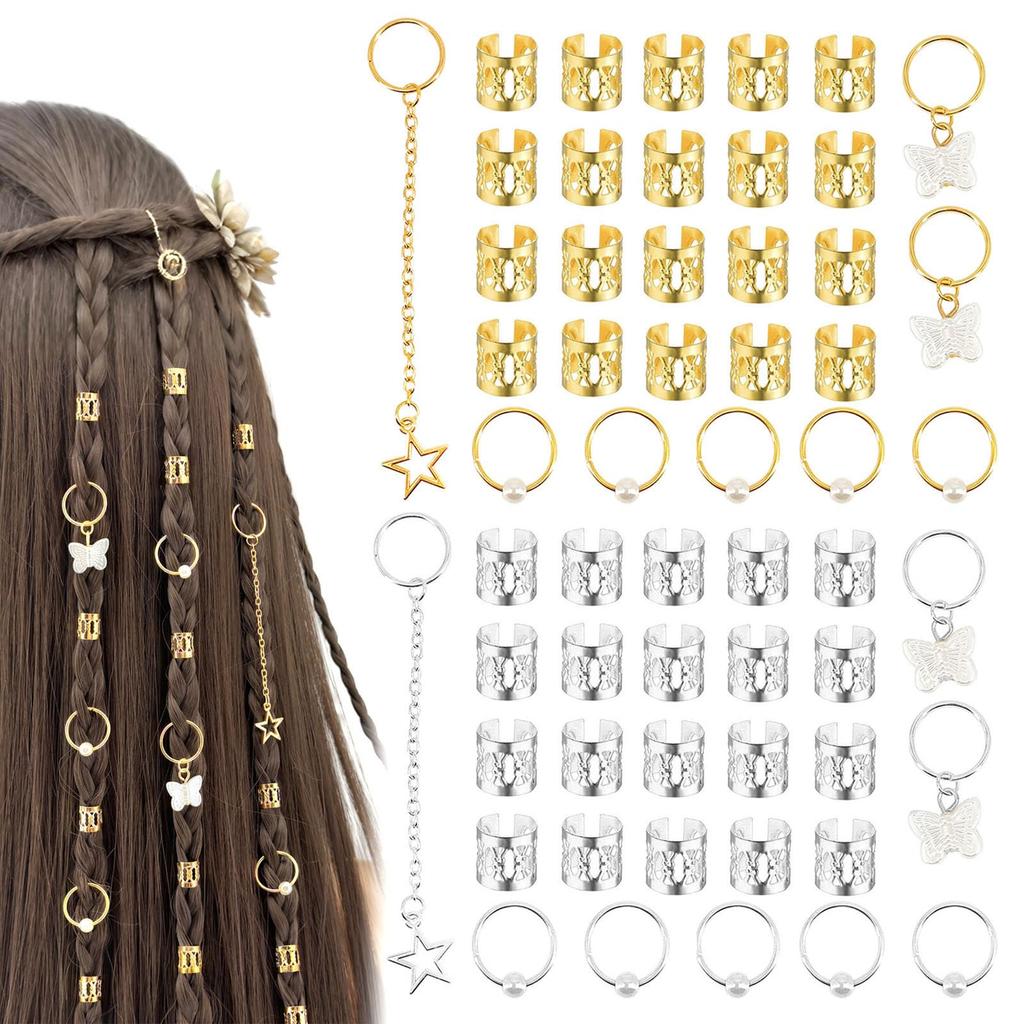 Dorasu Haarperlen, 56-teiliges Set, Haarschmuck zum Flechten, Schmetterling, Herz, Gold und Silber, für Kinder, Hip Hop, Hochzeiten, DIY und Basteln,