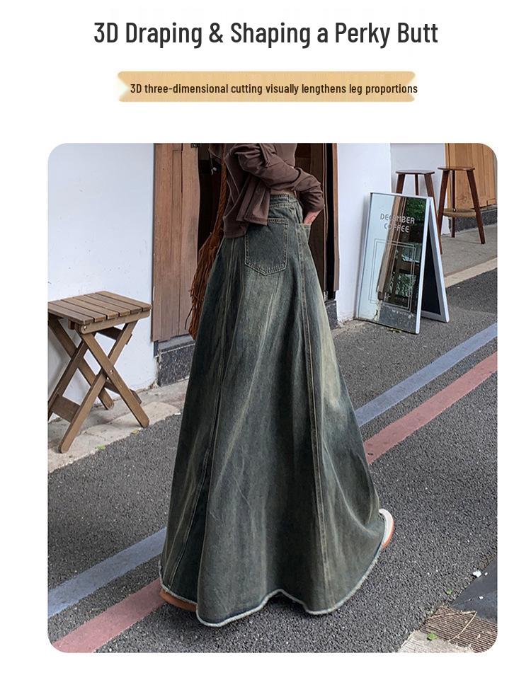 Plus Size Retro American-Style A-line Denim Skirt with Frayed Hem, High Waist, and Slimming Fishtail Design