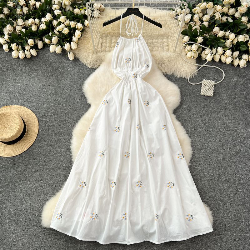 

Sexy Cutout Backless Dress Women s French Style Halter Spaghetti Straps Fairy Dress Sweet Mori Embroider Flower Vacation Skirt White L