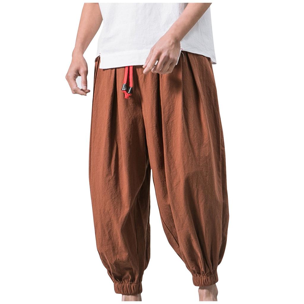 Men's Japanese Cotton Linen Cropped Pants Loose Wide-Legged Pants Plus Size Casual Pants