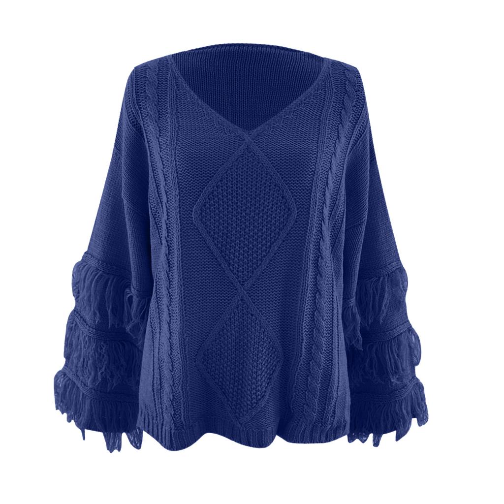 Women's  And Winter Loose Solid Color Wide Sleeve Tassels Stitching Long-sleeved  Knit Sweater Top