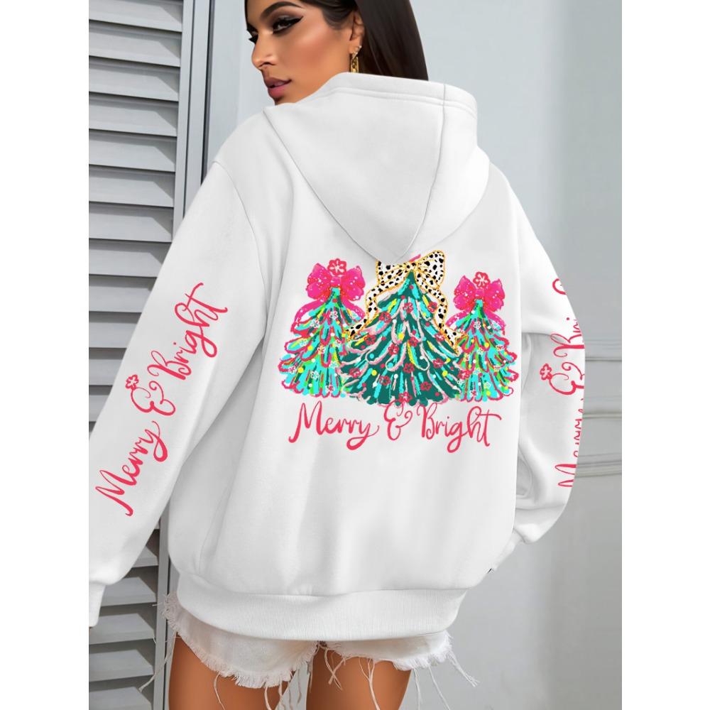 Merry Christmas Colorful Trees Printing Women Hoodies Loose Casual Hoody Autumn Y2K Pocket Streetwear All-Match Clothes