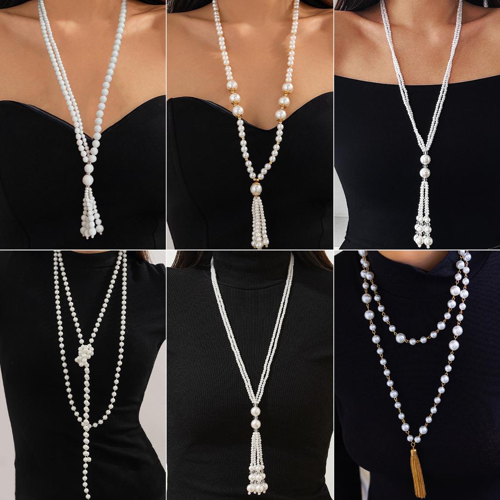 Fashion Knotted Long Imitation Pearl Necklace Women'S Cold Wind Crystal Beaded Fringed Sweater Chain