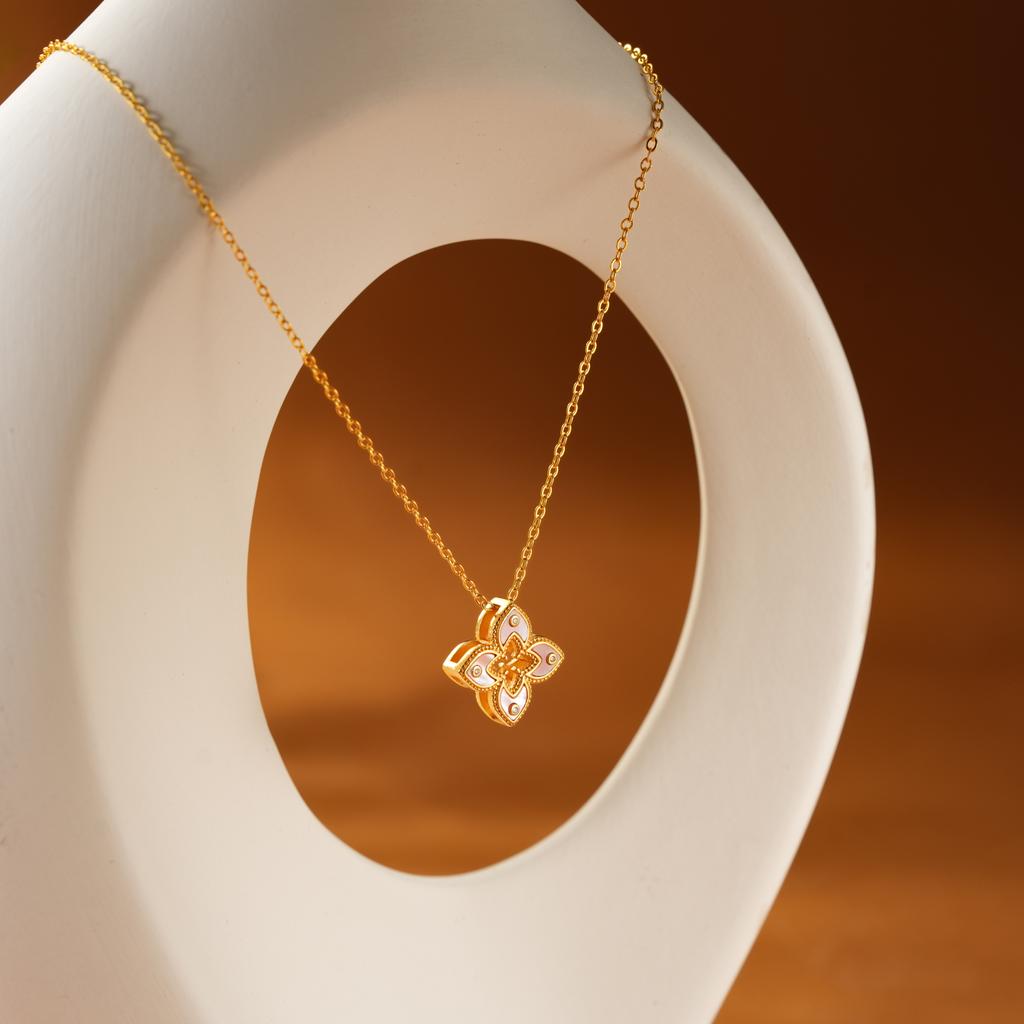 TANGPEI Alloy Silver/Gold Plated Zircon Women's Necklace French-Style Design First Blossom Spring Four-Leaf Clover Chains