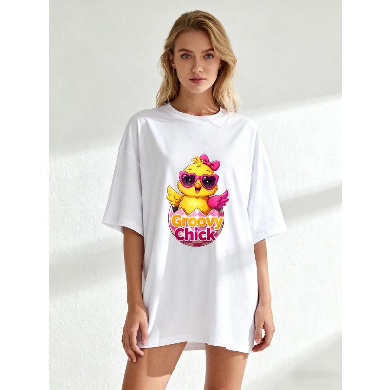 

Oversized T Shirt Black Groovy Chick With Sunglasses And Egg Design For Casual Wear XXXXL