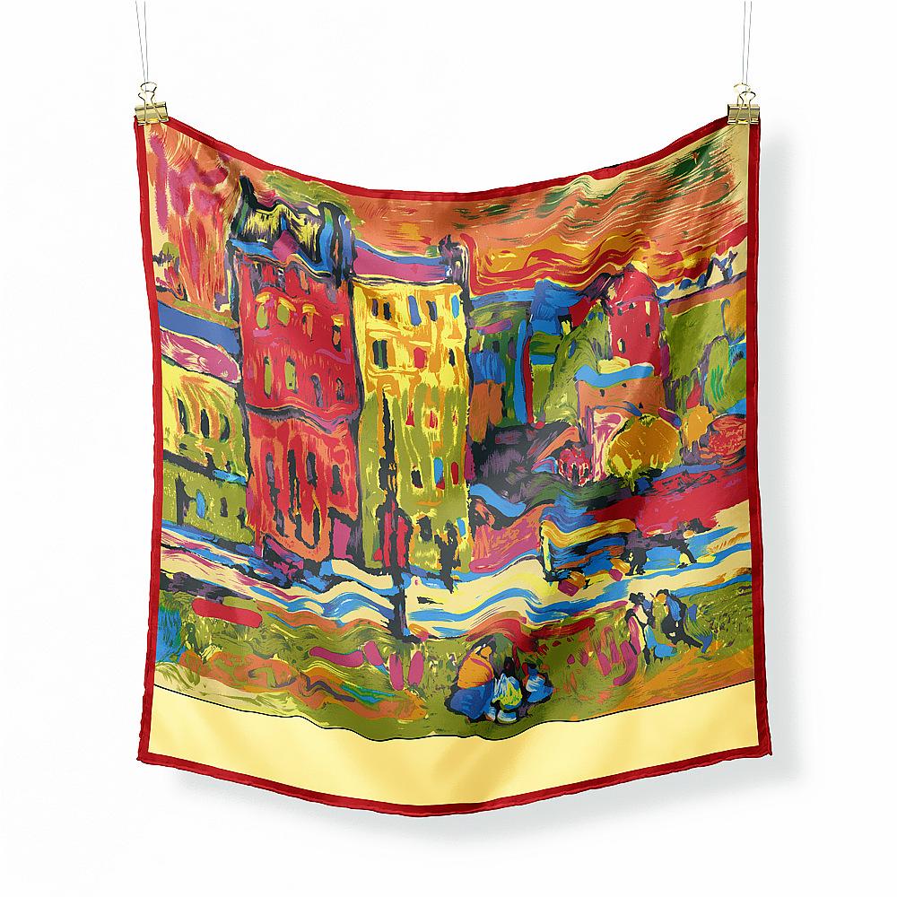 Famous Oil Painting Twill 100% Silk Scarf Fashion Bandana Women Scarf Wraps 53cm Square Scarves Hijab Head Scarf Neckerchief