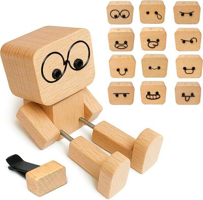 Muñeco de Madera con Pies que se Mueven y Patas de Resorte y 12 Piezas de Expresiones Magnéticas, Adornos Creativos DIY, para Decoración del Salpicadero del Coche