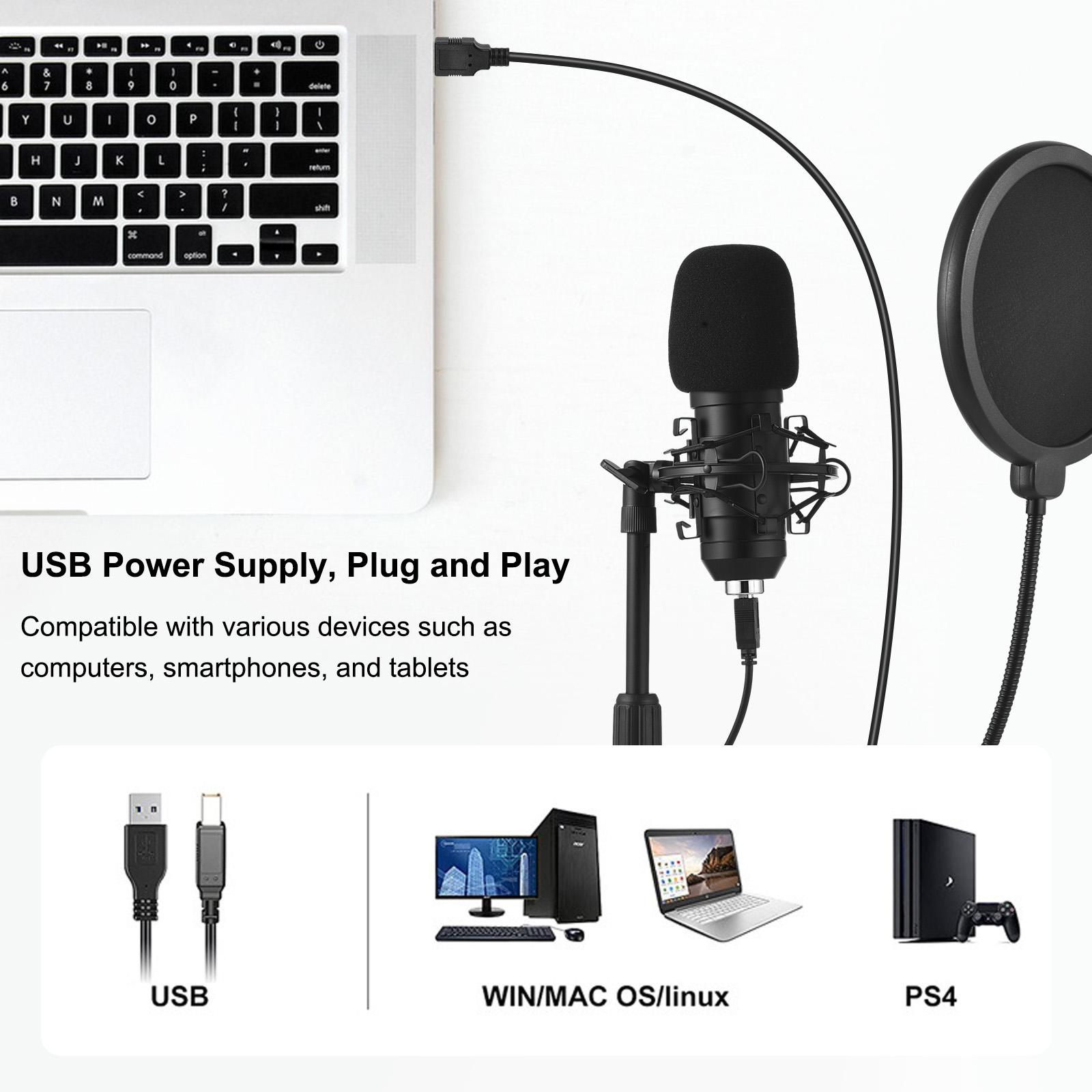 

USB Микрофон Игровой Микрофонный Комплект Кардиоидный Конденсаторный Подкаст Микрофон с Настольной Стойкой Амортизатор Защита от Брызг чёрный