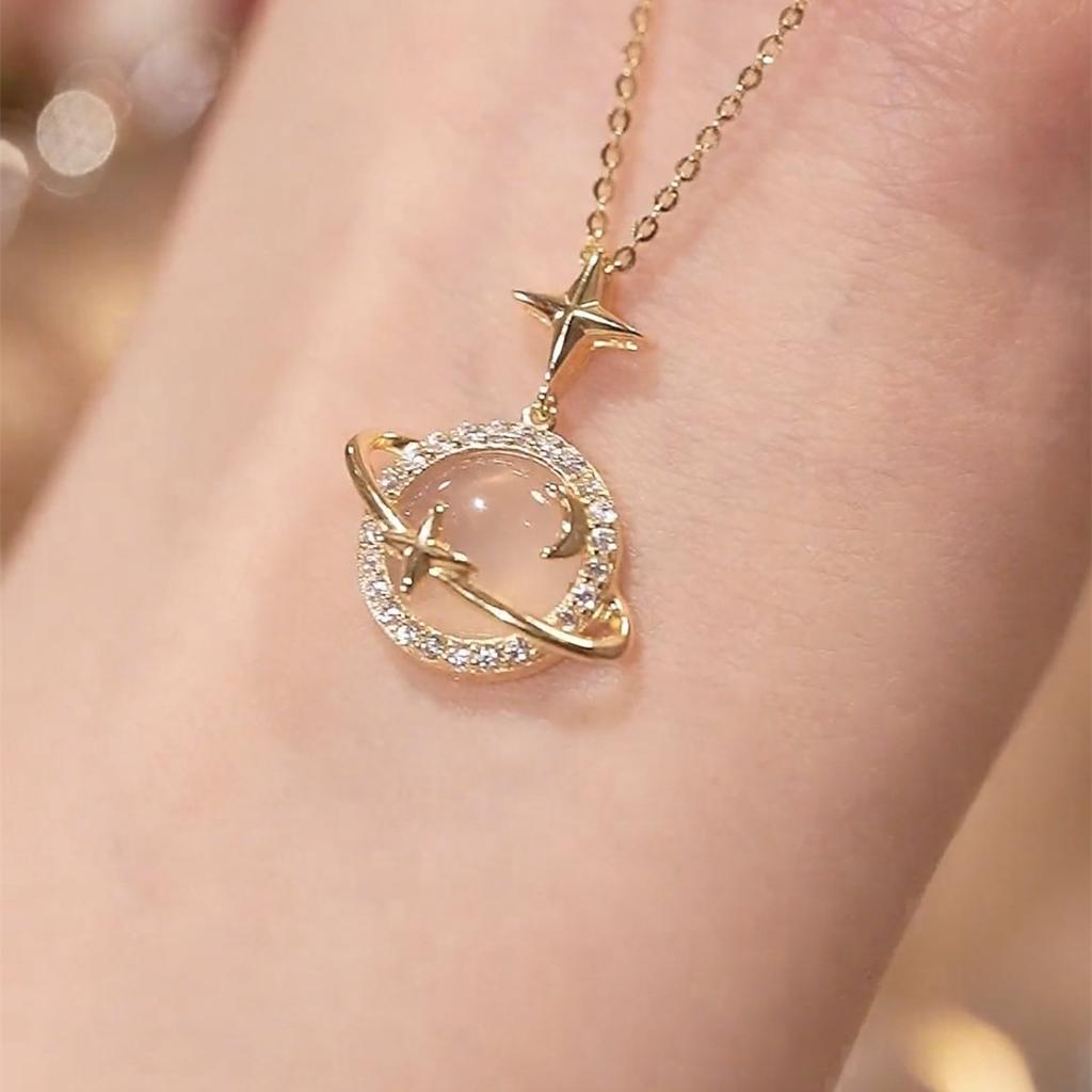 Ins Style Star Planet Moon White Chalcedony Pendant Necklace 925 Silver Chain Light Jewelry for Women