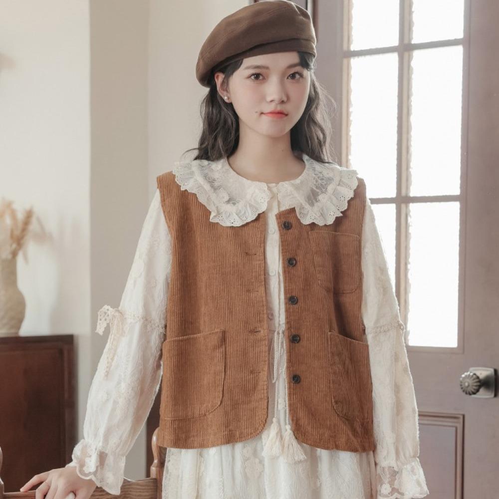 All Match Button-up Short Coats Round Neck Waistcoat Women Simple Vintage Corduroy Vests  Ladies