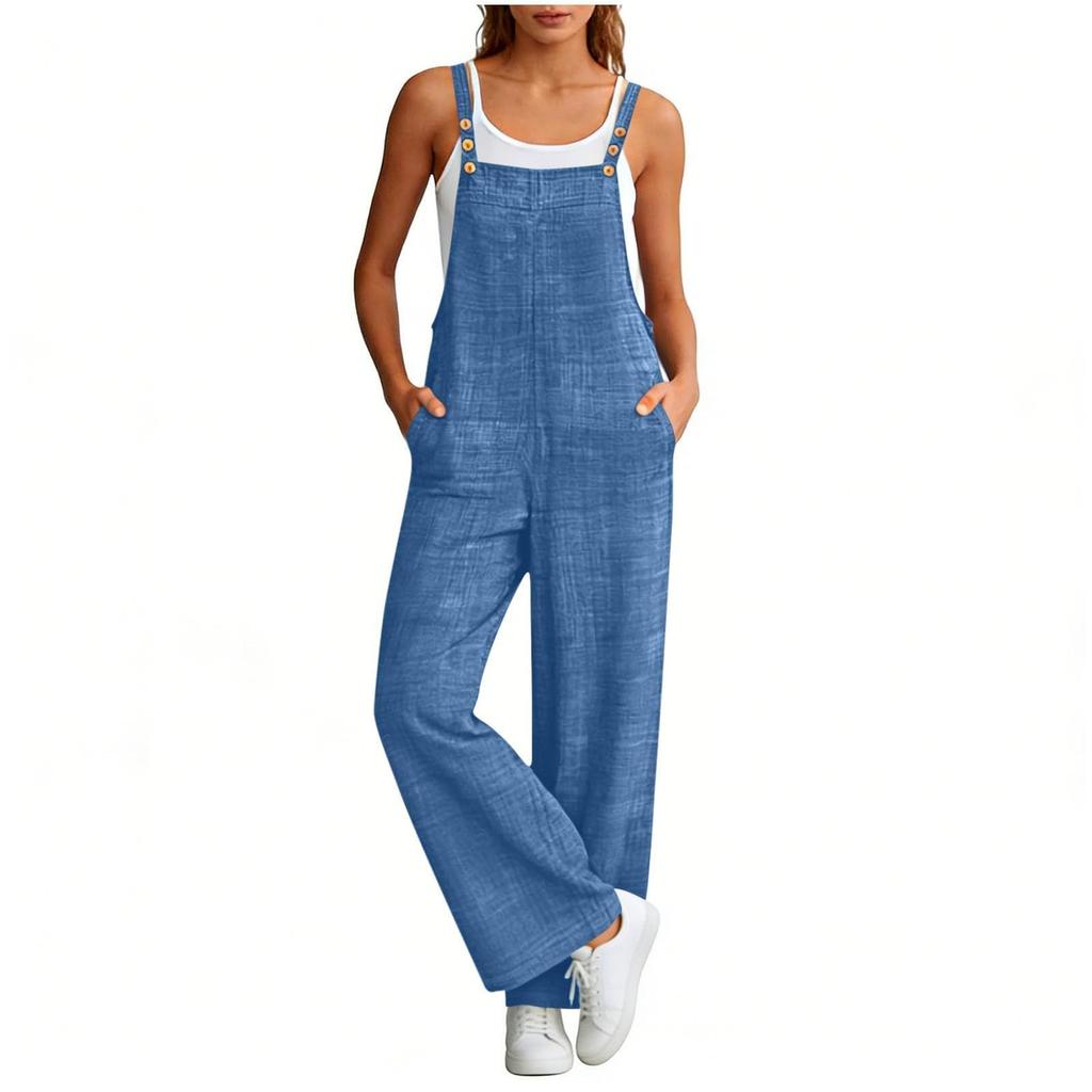 Women's Fashionable Suspender Wide Leg Loose Casual Suspender Pants With Pocket Buttons And Jumpsuit
