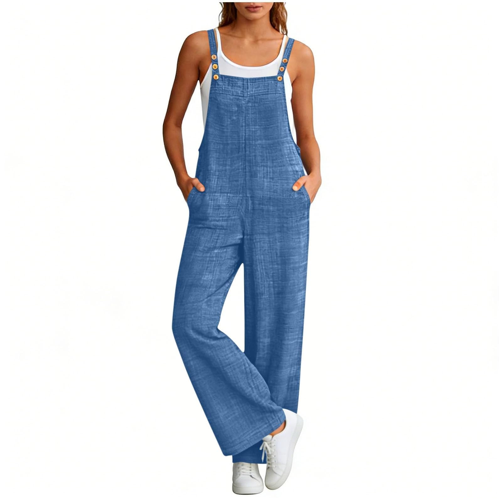 

Women’s Sleeveless Wide Leg Loose Fit Casual Overall Jumpsuit with Adjustable Straps Button and Pockets for Everyday Wear XL синій