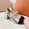 2025 Summer New Mary Jane Shoes Color Matching Square Head French High Heels Women's Thick Heel One-word Buckle Single Shoes Women's Fashion