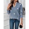 Women V Neck Heart Pattern Pullover Knit Sweater Autumn Casual