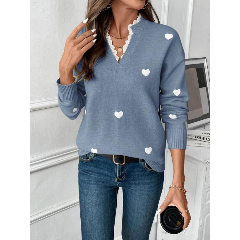 Women V Neck Heart Pattern Pullover Knit Sweater Autumn Casual