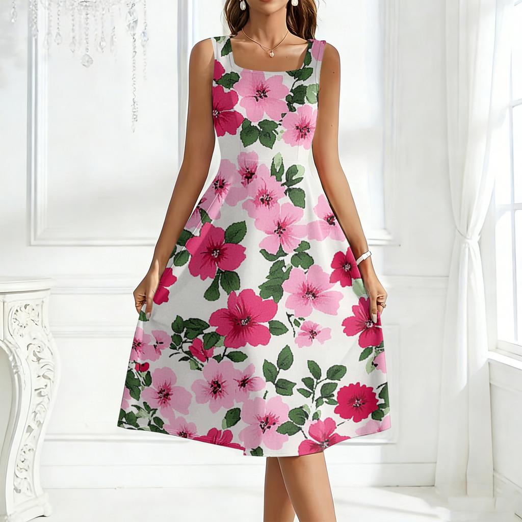 Ladies' Square Neck Floral Sleeveless Dress with a Large Swing