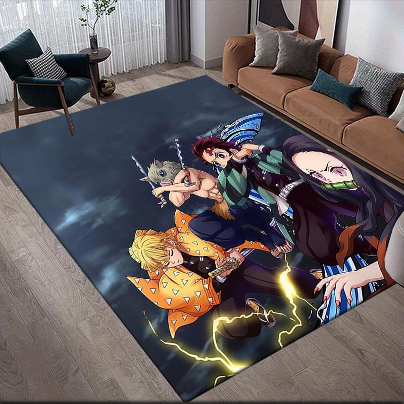 Demon Slayer2 Flannel Pattern Square Carpet,Area Rug,Carpet Rug for Living Room Bedroom Sofa Playroom Decor,Non-slip Floor Mat