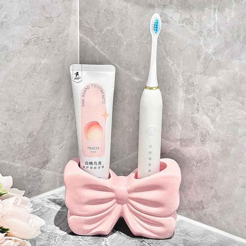 1Pc Ceramic Bow Toothbrush Holder Ornament Ceramic Toothbrush, Toothpaste Storage Rack Bathroom Accessories Brush Holder